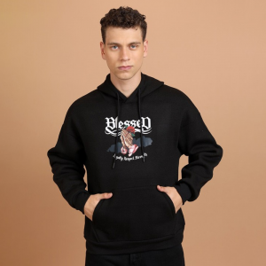 Black Graphic Printed Oversized Hood Pullover Sweatshirt