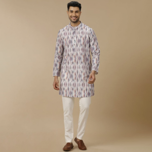 Abstract Printed Mandarin Collar Linen Cotton Straight Kurta
