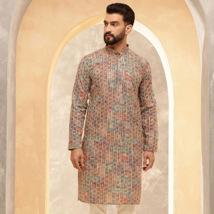Floral Embroidered Zari Mandarin Collar Cotton Silk Straight Kurta