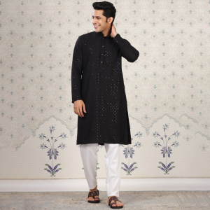 Ethnic Motifs Embroidered Sequinned Detail Mandarin Collar Straight Kurta