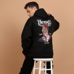 Black Graphic Printed Oversized Hood Pullover Sweatshirt