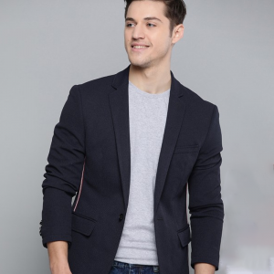 Men Navy Blue Solid Single-Breasted Regular Fit Casual Blazer
