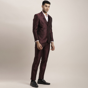 Men Brown Self Design Notched Lapel Long Sleeves Three Piece Party Suit