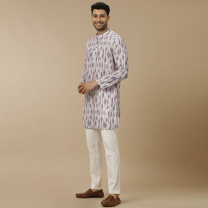 Abstract Printed Mandarin Collar Linen Cotton Straight Kurta