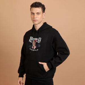 Black Graphic Printed Oversized Hood Pullover Sweatshirt