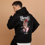 Black Graphic Printed Oversized Hood Pullover Sweatshirt